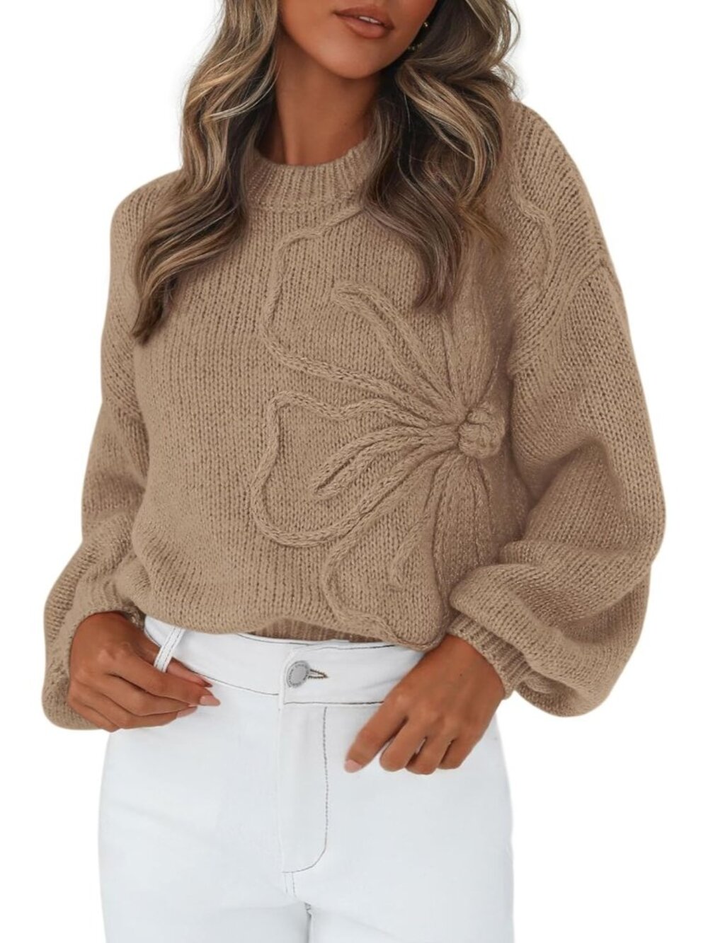 ๐Women's Khaki Oversized 3D Floral Knit Sweater Crew Neck Lantern Sleeve